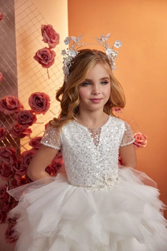 Sunnypetal White Shiny Sequins Bodice Ruffled High-Low Knee-Length Flower Girl Dress