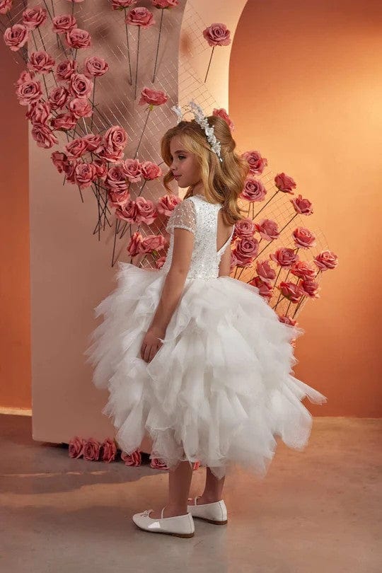 Sunnypetal White Shiny Sequins Bodice Ruffled High-Low Knee-Length Flower Girl Dress