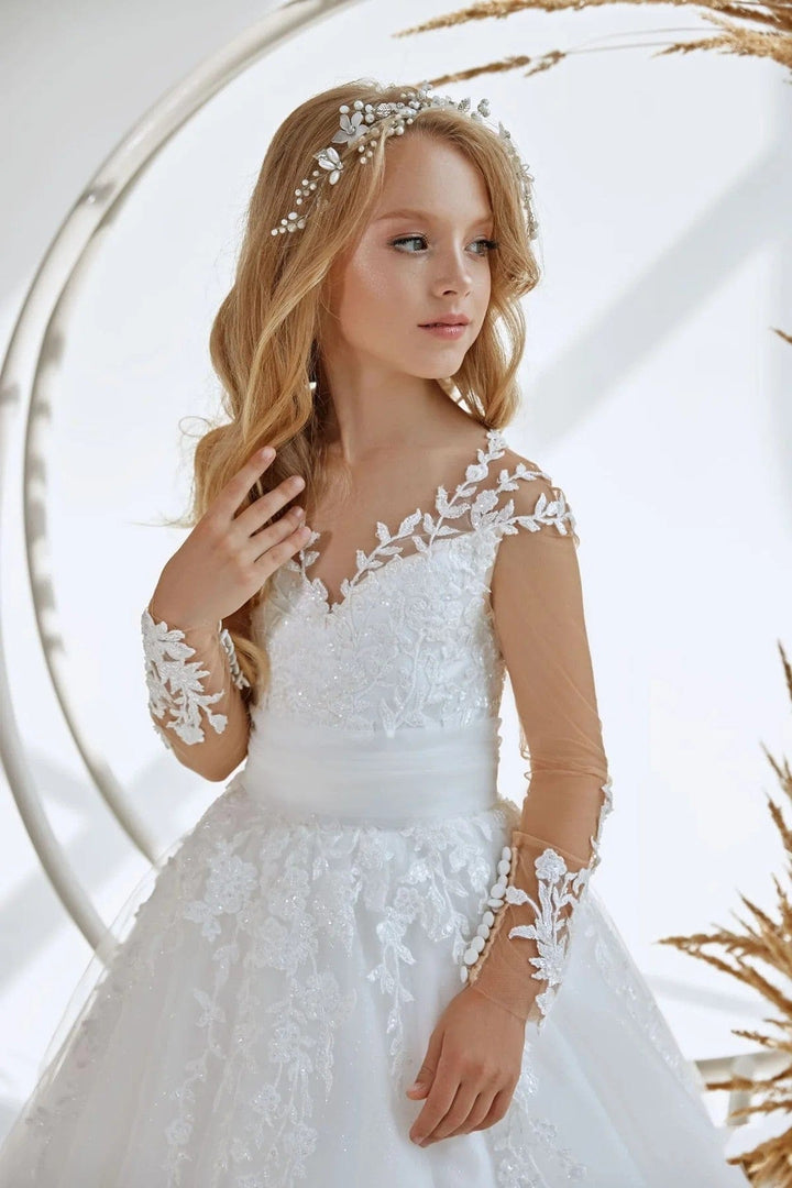 Sunnypetal White Tulle Flower Girl Dresses Appliques Long Sleeve First Communion Dress