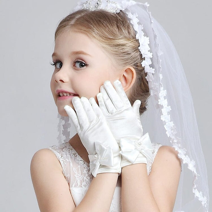 White Sunnypetal Flower Girls Gloves for Wedding Satin Gloves for Girls Princess Gloves