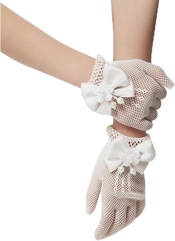 White Sunnypetal Wedding Flower Girls Mittens Pearl Bow Tie Fish Net Gloves